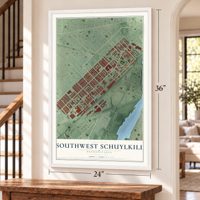 Southwest Schuylkill, Pennsylvania map, 24 x 36 inch print in a white frame by a staircase
