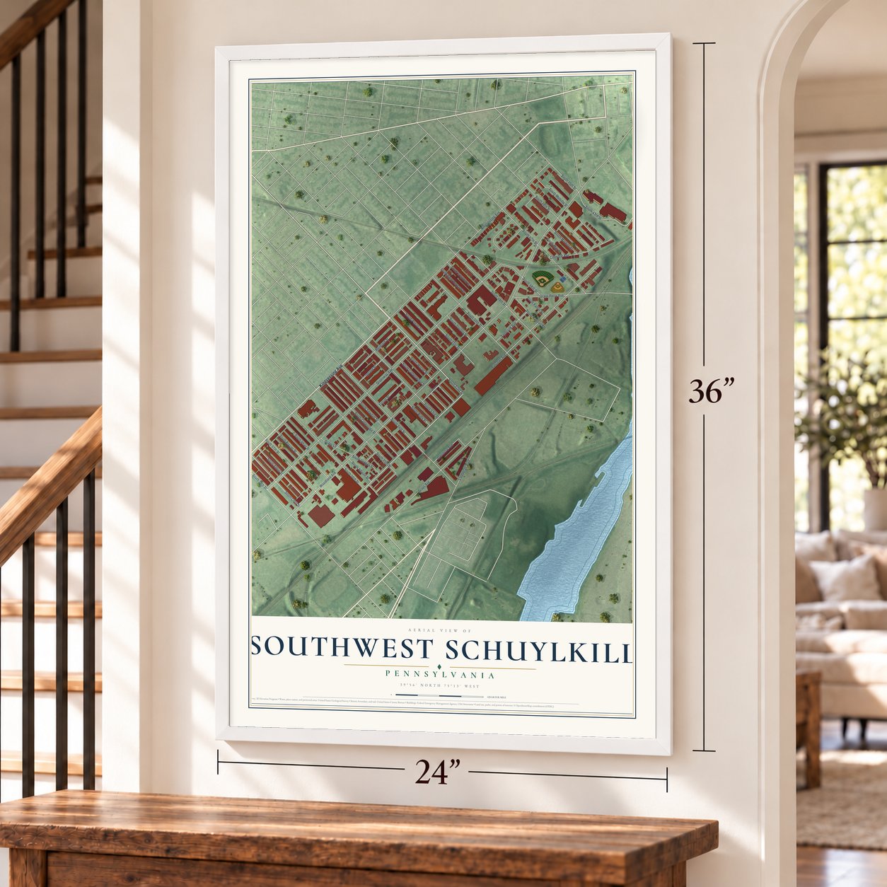 Southwest Schuylkill, Pennsylvania map, 24 x 36 inch print in a white frame by a staircase