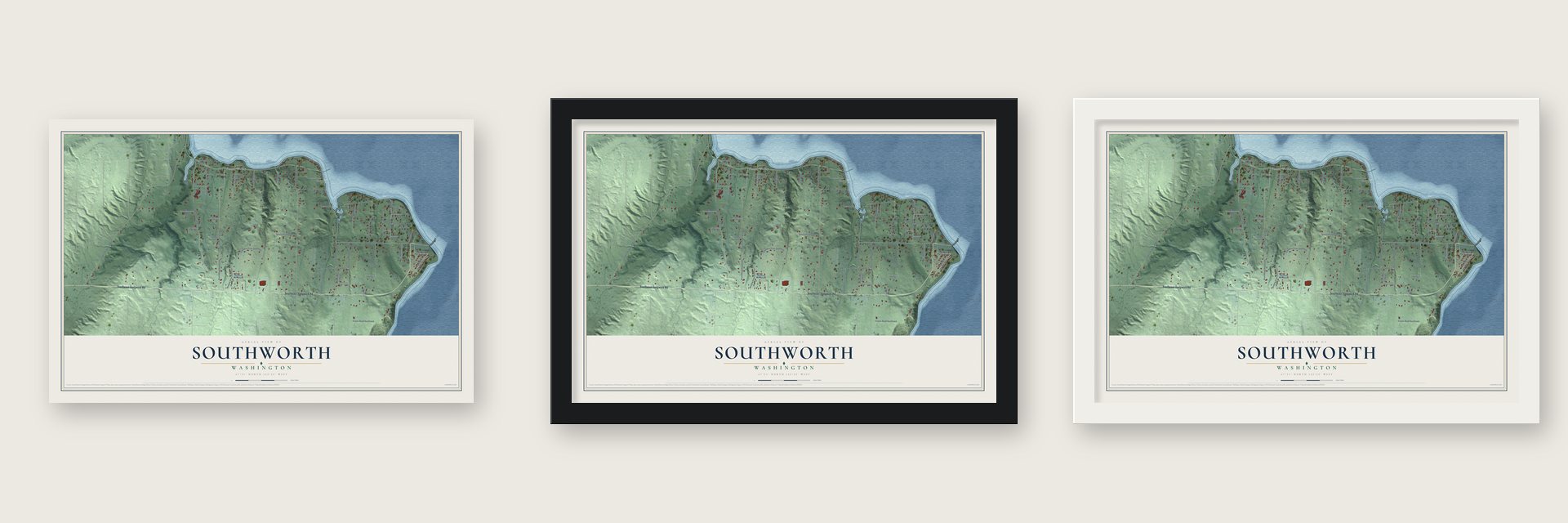Southworth, Washington map unframed, in a black wood frame and in a white wood frame