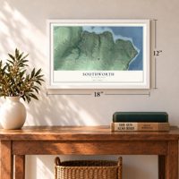 Southworth, Washington map, 12 x 18 inch print in a white frame in an entryway