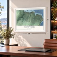 Southworth, Washington map, 18 x 24 inch print in a white frame in a home office