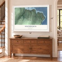 Southworth, Washington map, 24 x 36 inch print in a white frame above a dresser by a staircase