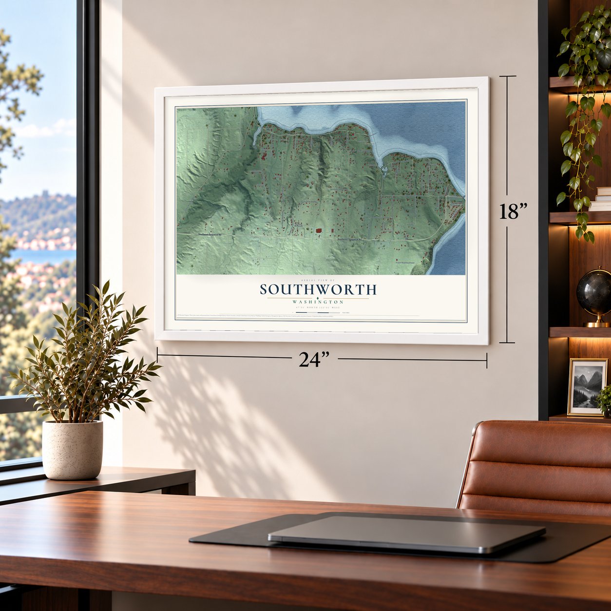 Southworth, Washington map, 18 x 24 inch print in a white frame in a home office