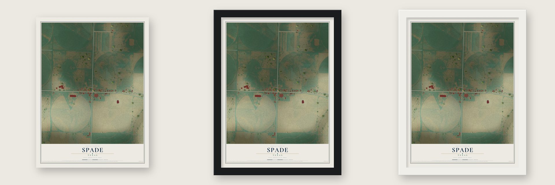 Spade, Texas map unframed, in a black wood frame and in a white wood frame