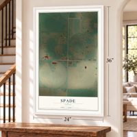 Spade, Texas map, 24 x 36 inch print in a white frame by a staircase