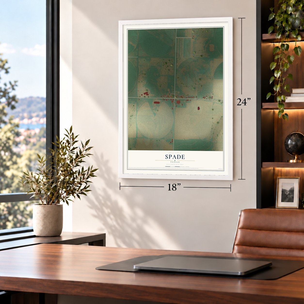 Spade, Texas map, 18 x 24 inch print in a white frame in a home office