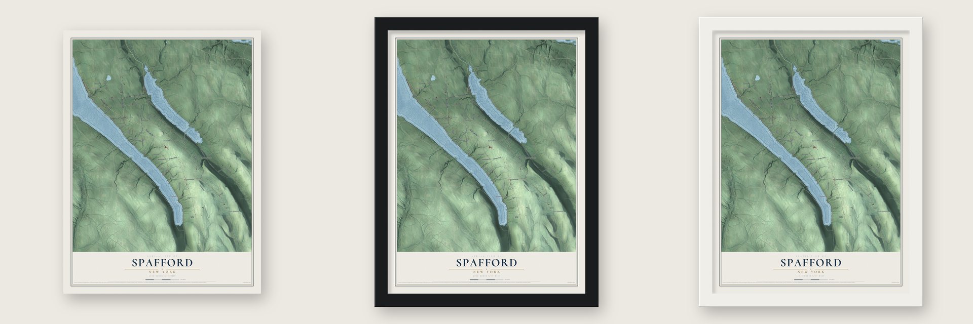 Spafford, New York map unframed, in a black wood frame and in a white wood frame