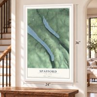Spafford, New York map, 24 x 36 inch print in a white frame by a staircase