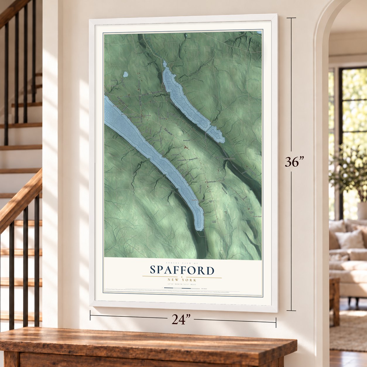 Spafford, New York map, 24 x 36 inch print in a white frame by a staircase