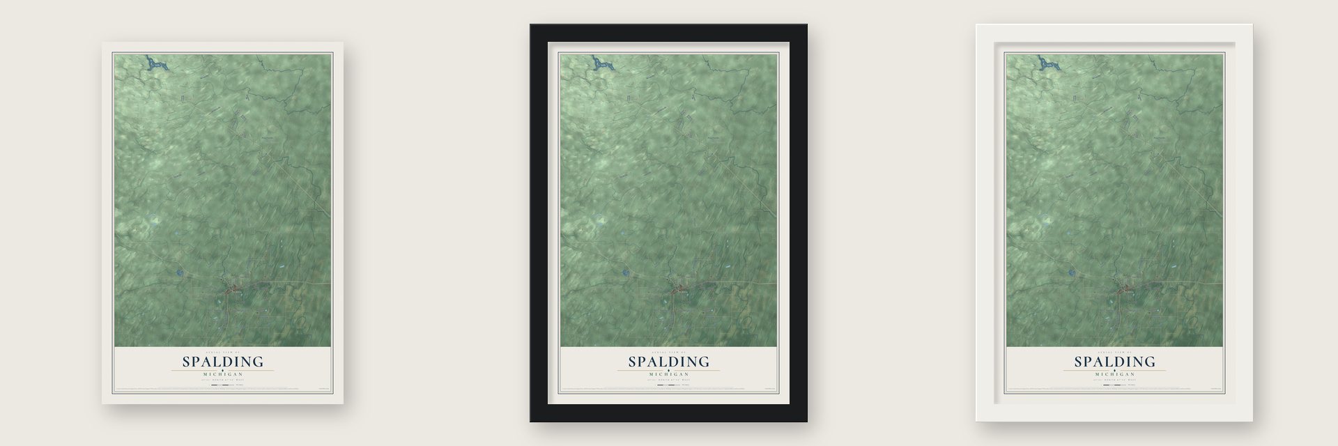 Spalding, Michigan map unframed, in a black wood frame and in a white wood frame