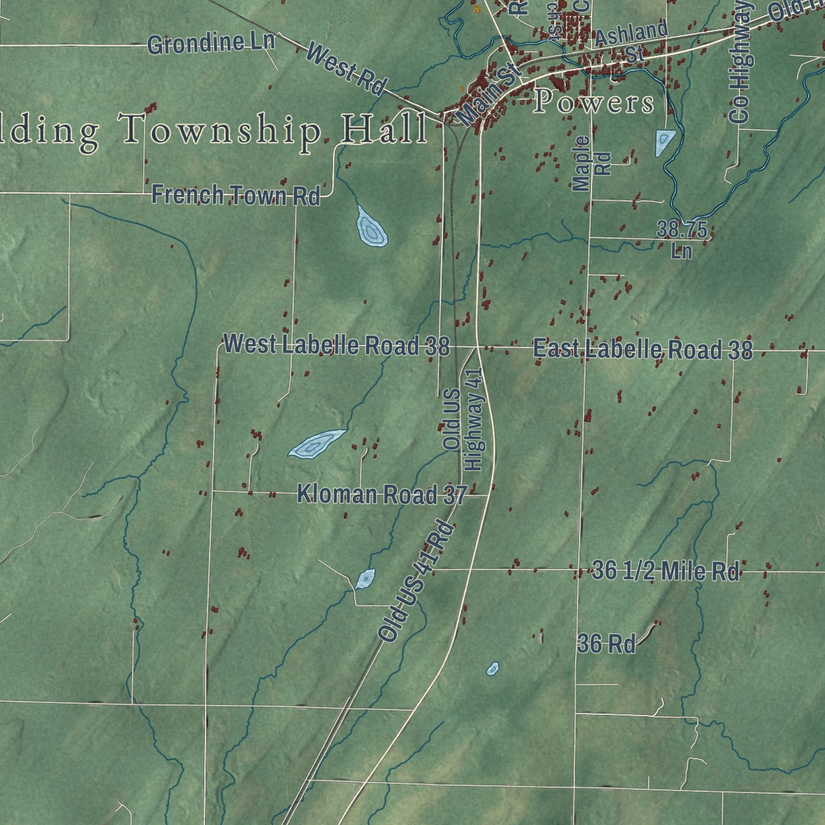 Second close-up of the map of Spalding, Michigan print showing more streets and buildings