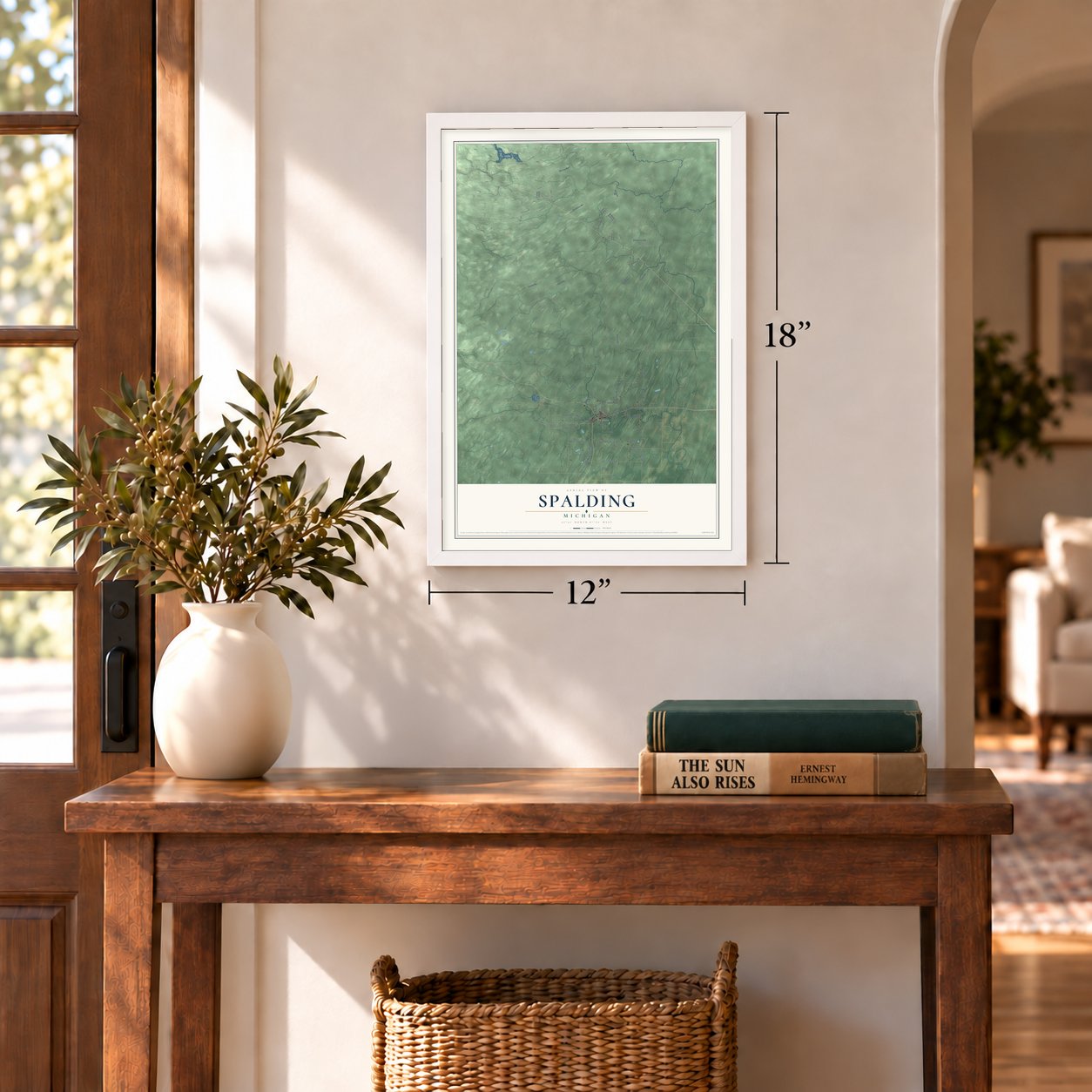 Spalding, Michigan map, 12 x 18 inch print in a white frame in an entryway