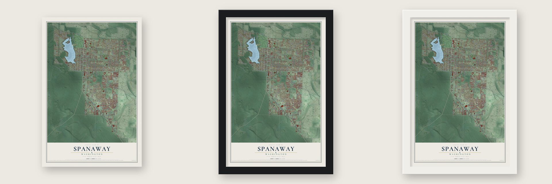 Spanaway, Washington map unframed, in a black wood frame and in a white wood frame