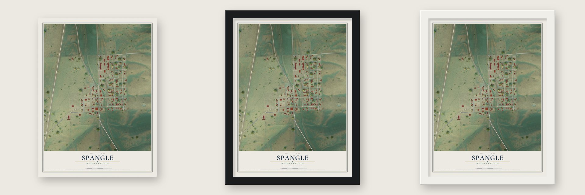 Spangle, Washington map unframed, in a black wood frame and in a white wood frame