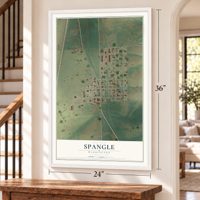 Spangle, Washington map, 24 x 36 inch print in a white frame by a staircase