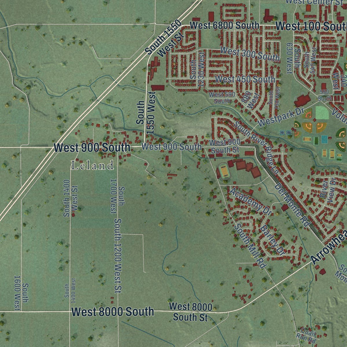 Second close-up of the map of Spanish Fork, Utah print showing more streets and buildings
