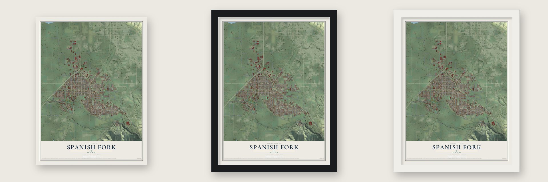 Spanish Fork, Utah map unframed, in a black wood frame and in a white wood frame