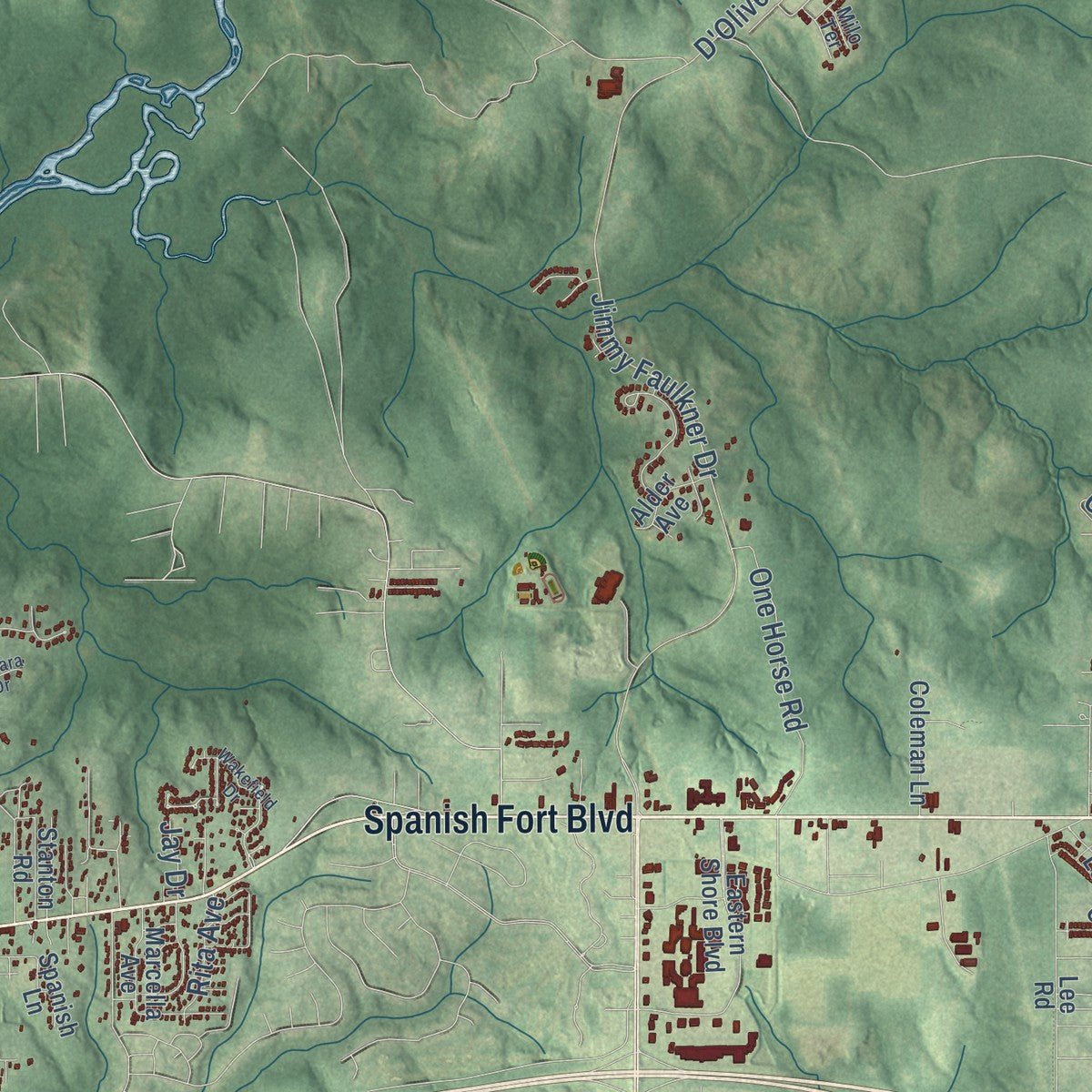 Second close-up of the map of Spanish Fort, Alabama print showing more streets and buildings