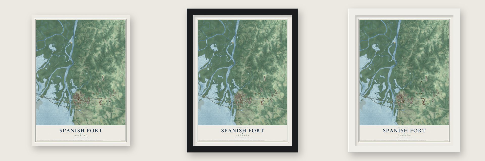 Spanish Fort, Alabama map unframed, in a black wood frame and in a white wood frame