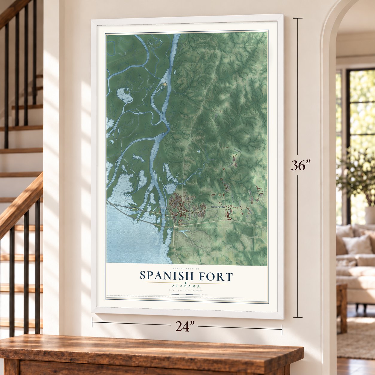 Spanish Fort, Alabama map, 24 x 36 inch print in a white frame by a staircase