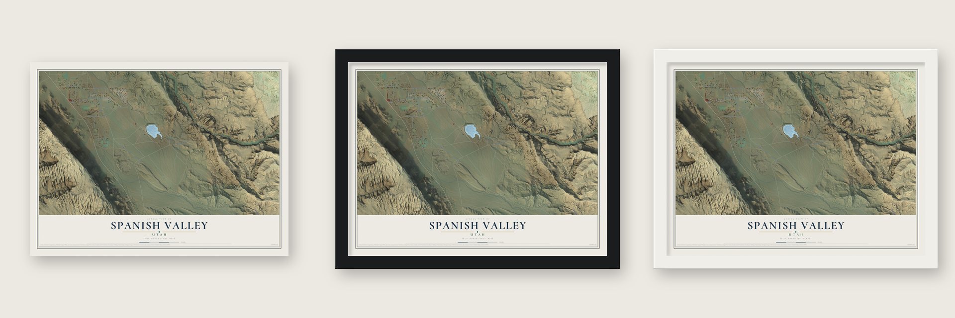 Spanish Valley, Utah map unframed, in a black wood frame and in a white wood frame