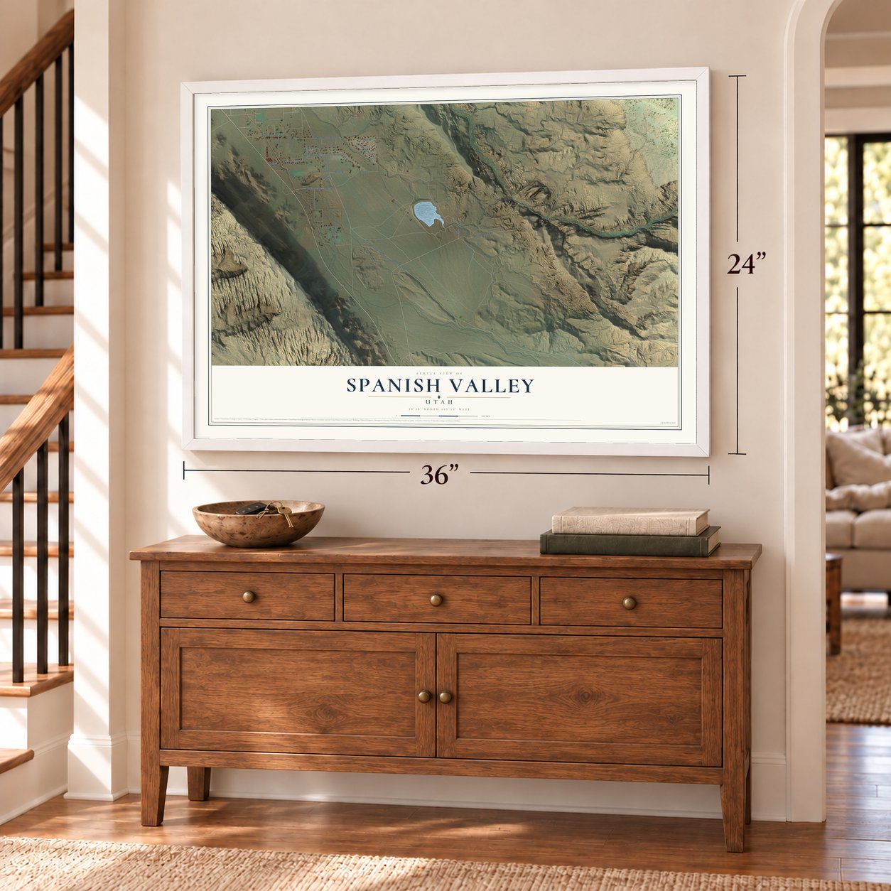 Spanish Valley, Utah map, 24 x 36 inch print in a white frame above a dresser by a staircase