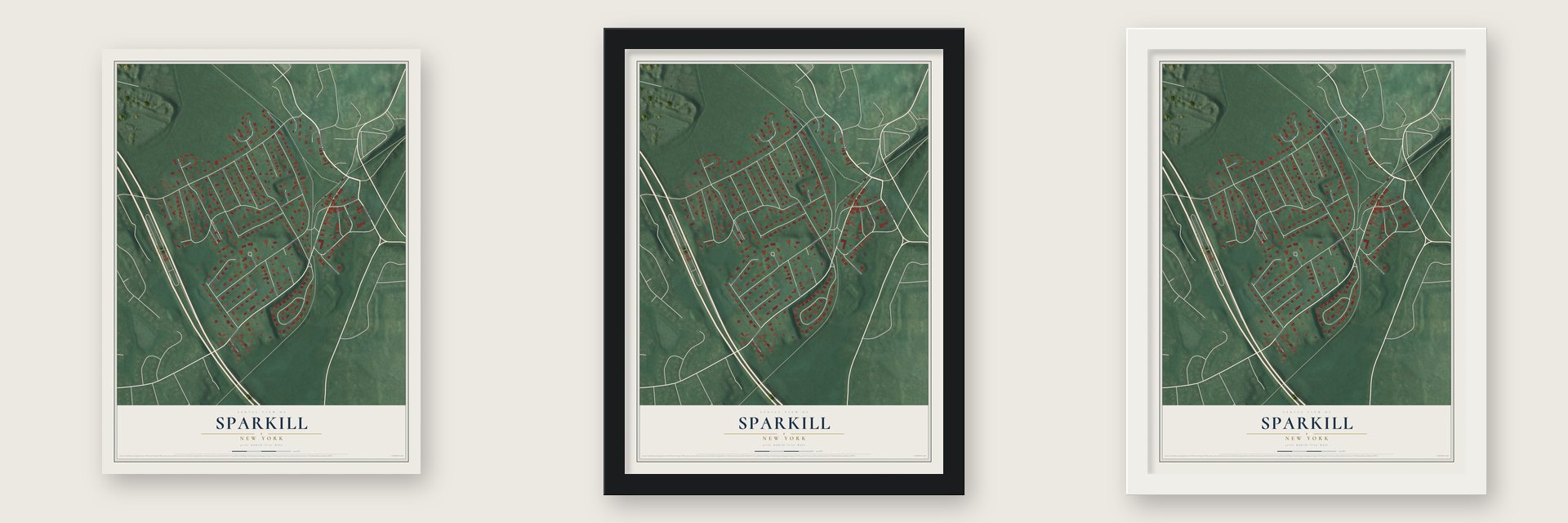 Sparkill, New York map unframed, in a black wood frame and in a white wood frame