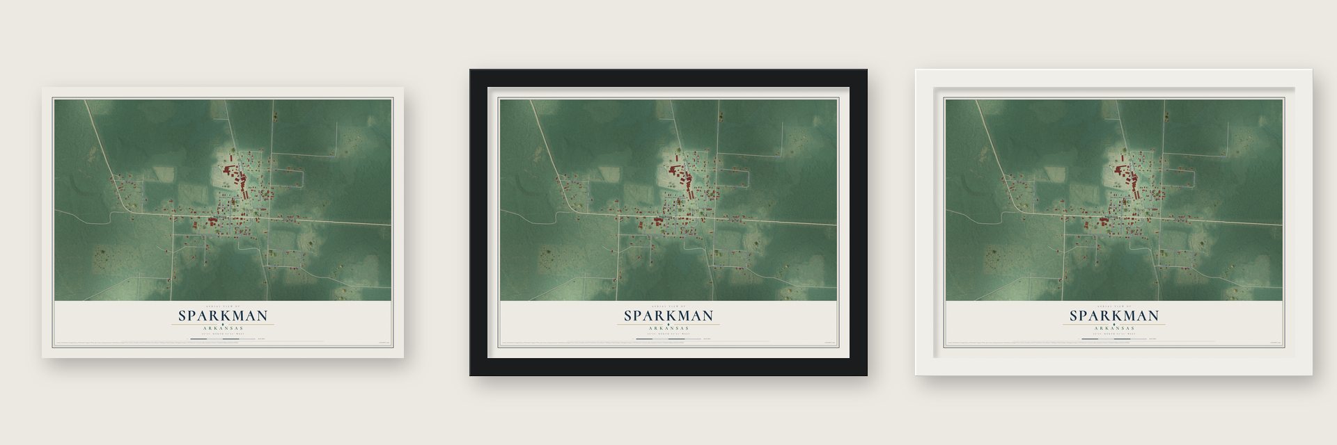 Sparkman, Arkansas map unframed, in a black wood frame and in a white wood frame
