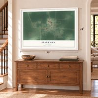 Sparkman, Arkansas map, 24 x 36 inch print in a white frame above a dresser by a staircase