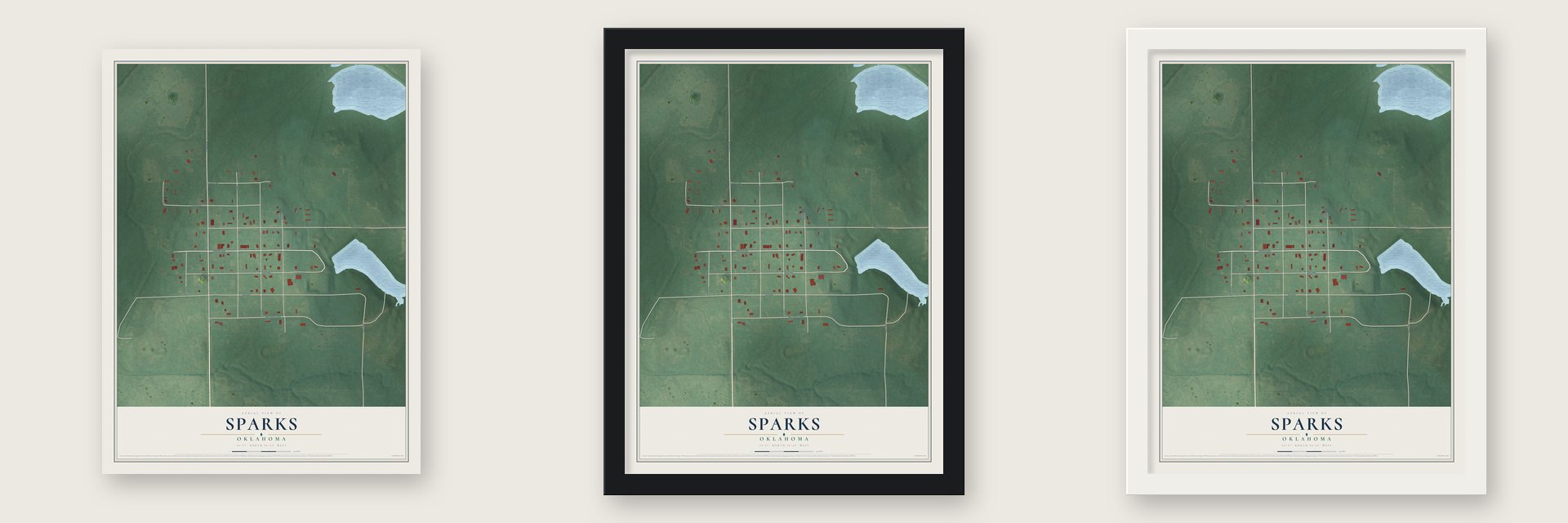 Sparks, Oklahoma map unframed, in a black wood frame and in a white wood frame
