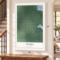 Sparks, Oklahoma map, 24 x 36 inch print in a white frame by a staircase