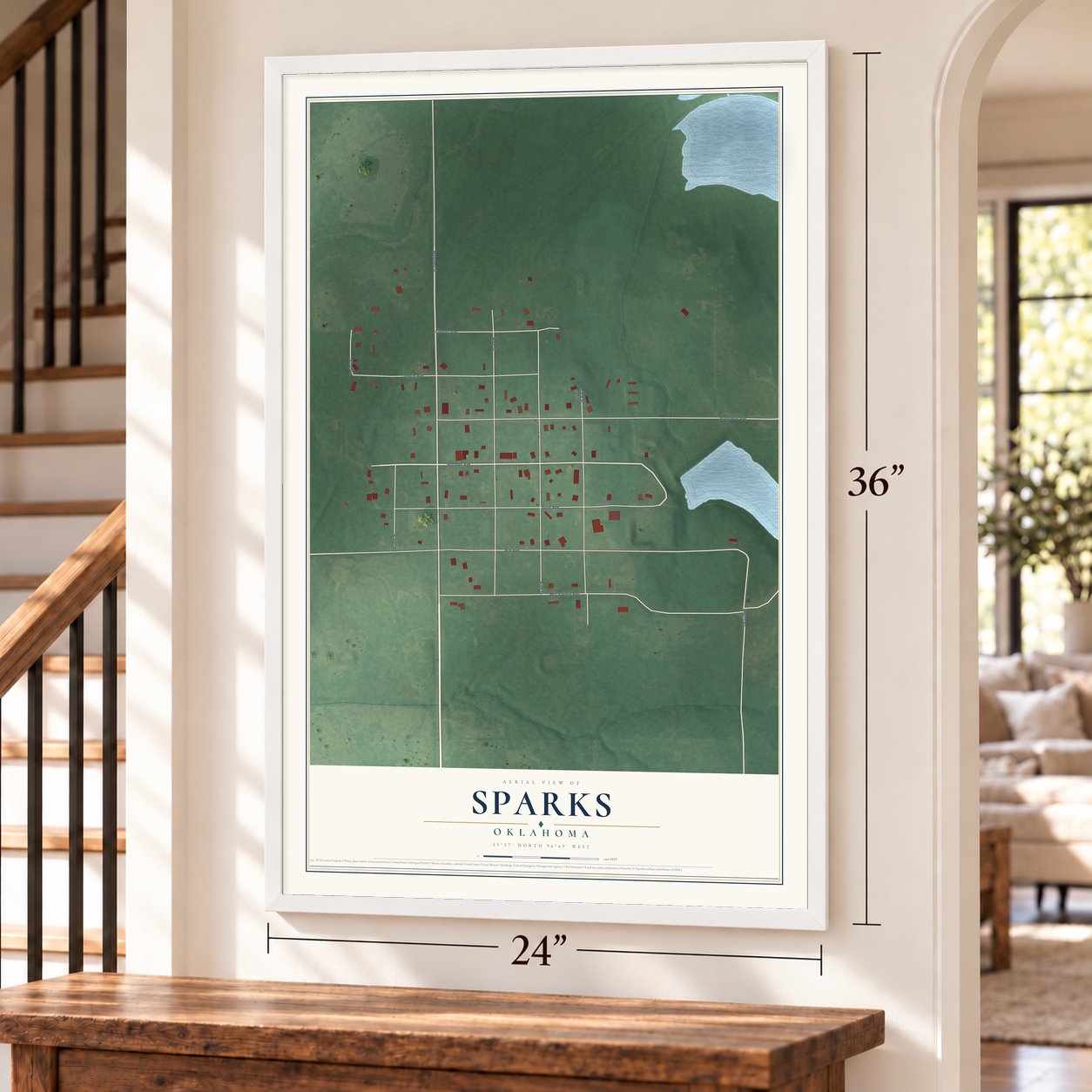 Sparks, Oklahoma map, 24 x 36 inch print in a white frame by a staircase