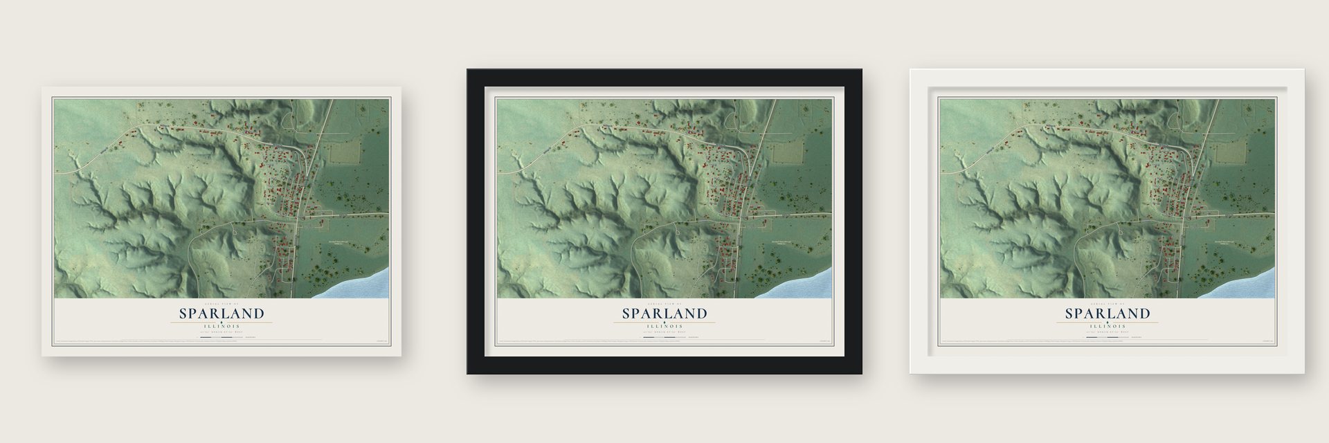 Sparland, Illinois map unframed, in a black wood frame and in a white wood frame