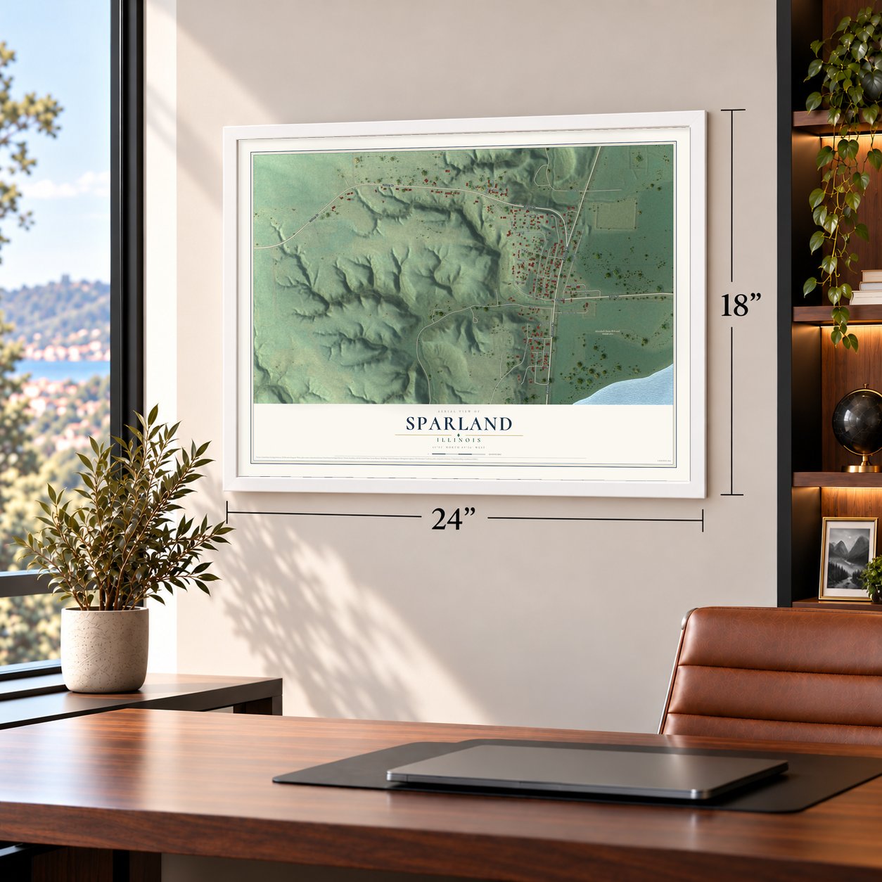 Sparland, Illinois map, 18 x 24 inch print in a white frame in a home office