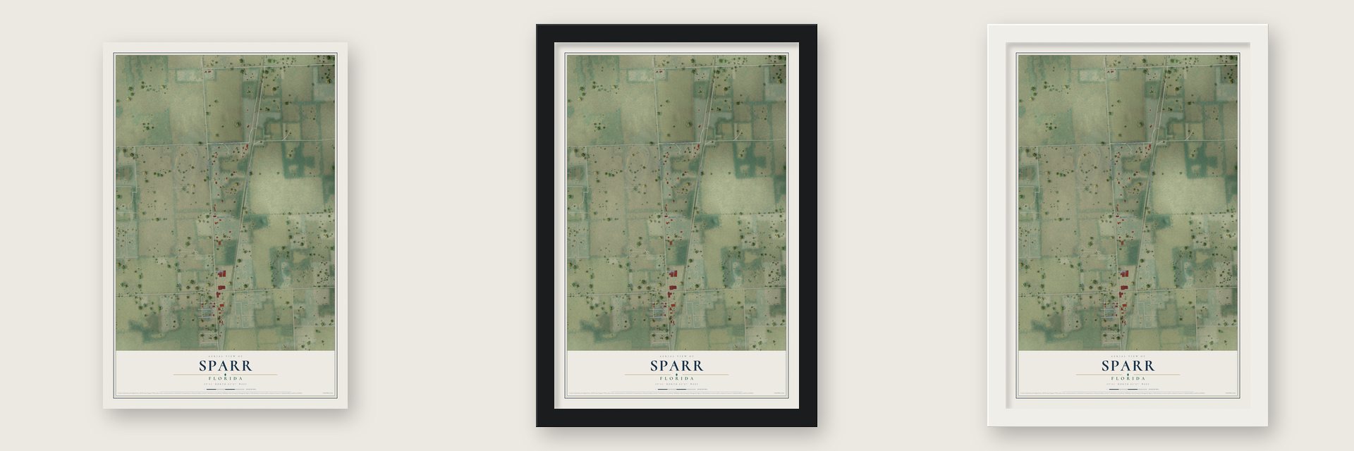 Sparr, Florida map unframed, in a black wood frame and in a white wood frame