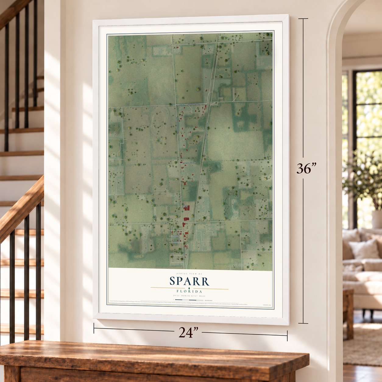 Sparr, Florida map, 24 x 36 inch print in a white frame by a staircase