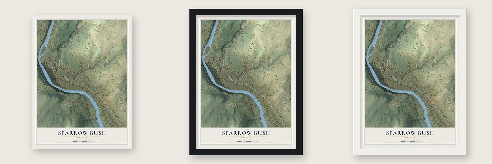 Sparrow Bush, New York map unframed, in a black wood frame and in a white wood frame