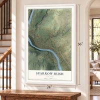 Sparrow Bush, New York map, 24 x 36 inch print in a white frame by a staircase