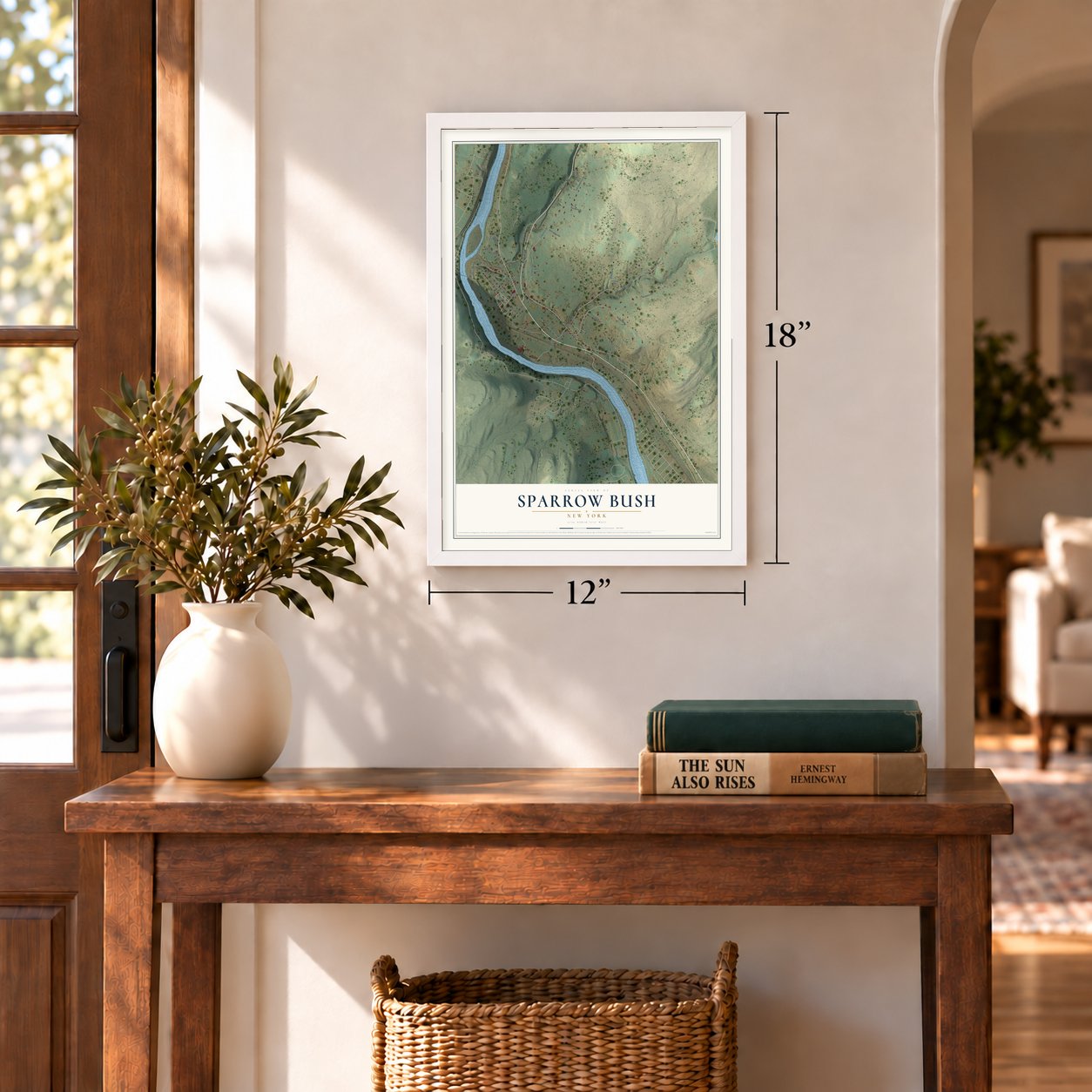 Sparrow Bush, New York map, 12 x 18 inch print in a white frame in an entryway