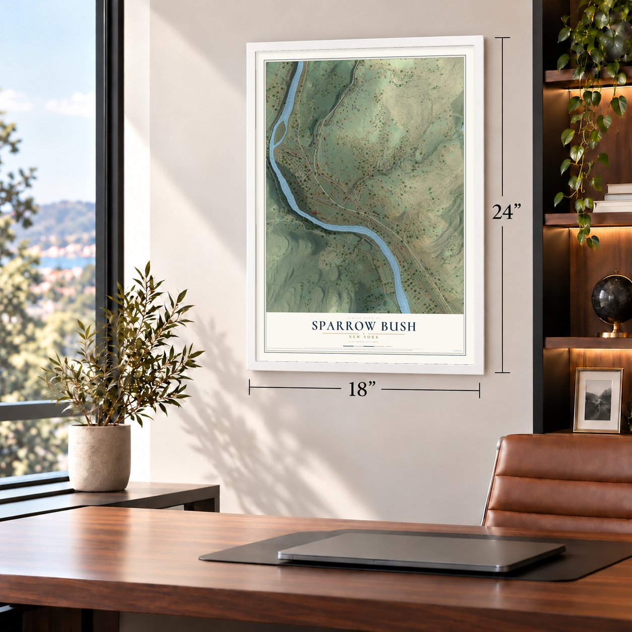 Sparrow Bush, New York map, 18 x 24 inch print in a white frame in a home office