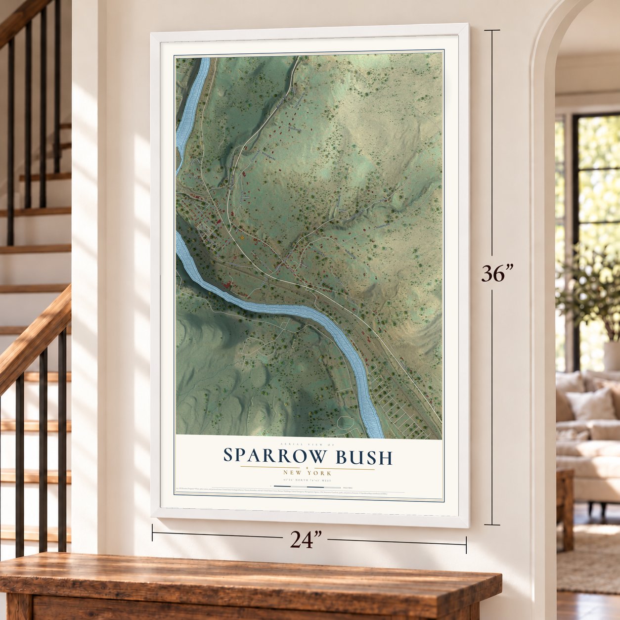 Sparrow Bush, New York map, 24 x 36 inch print in a white frame by a staircase