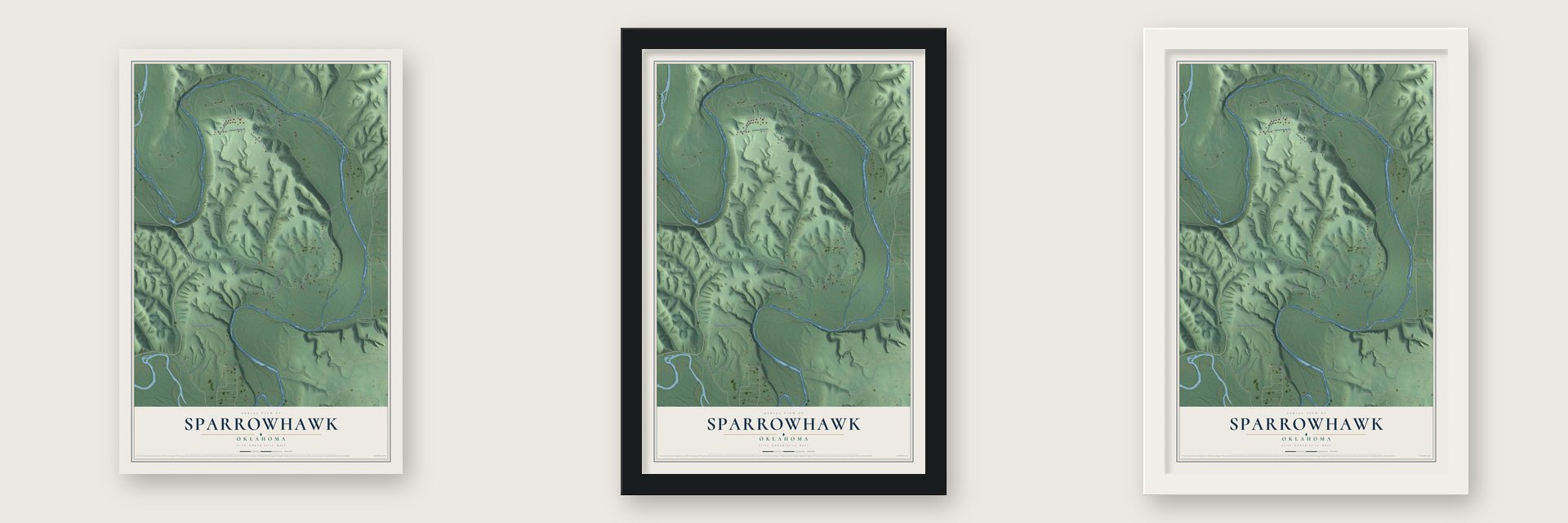 Sparrowhawk, Oklahoma map unframed, in a black wood frame and in a white wood frame