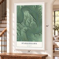 Sparrowhawk, Oklahoma map, 24 x 36 inch print in a white frame by a staircase