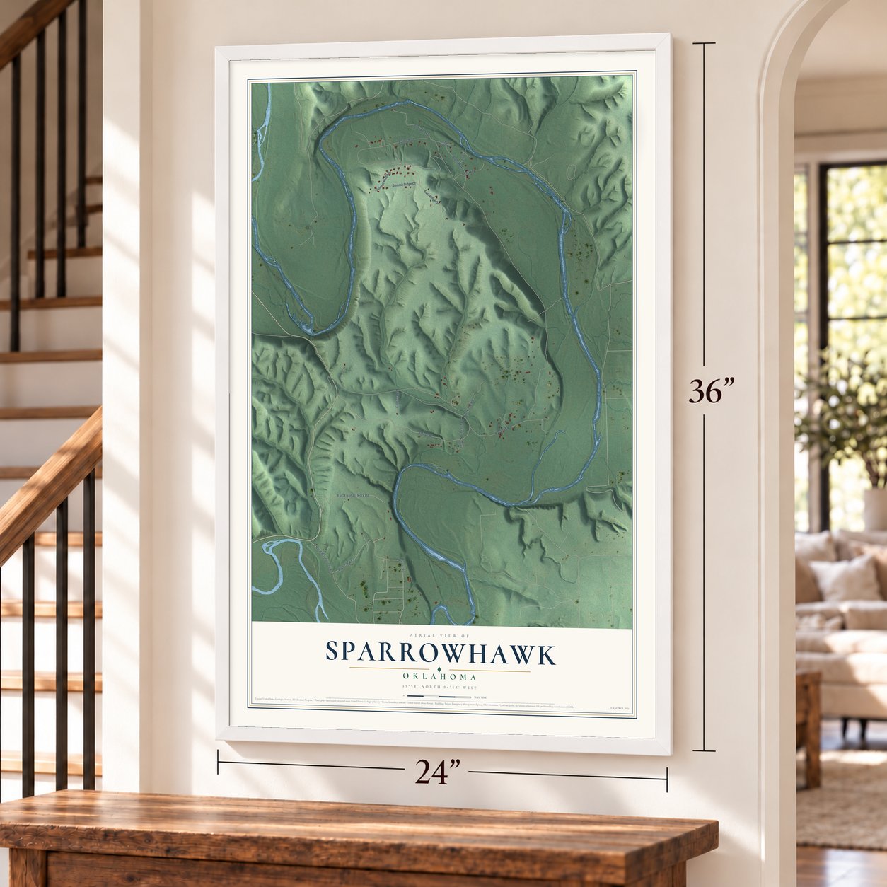 Sparrowhawk, Oklahoma map, 24 x 36 inch print in a white frame by a staircase