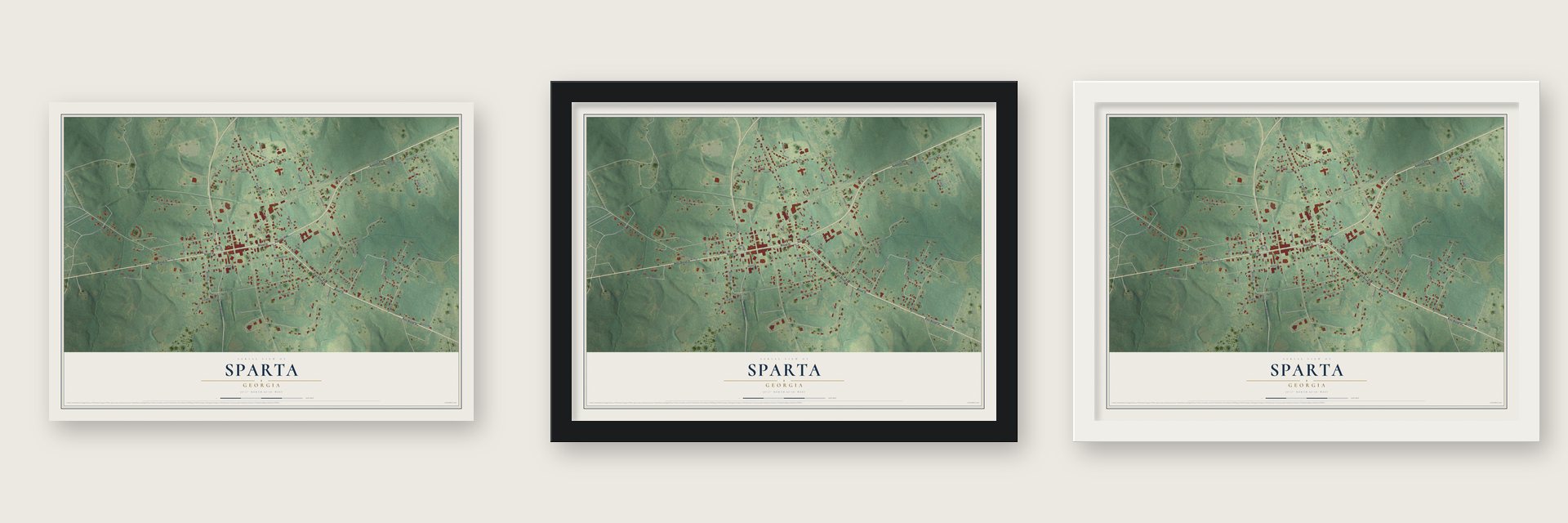 Sparta, Georgia map unframed, in a black wood frame and in a white wood frame