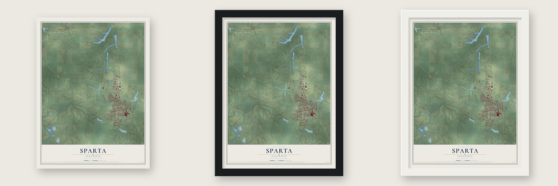 Sparta, Illinois map unframed, in a black wood frame and in a white wood frame