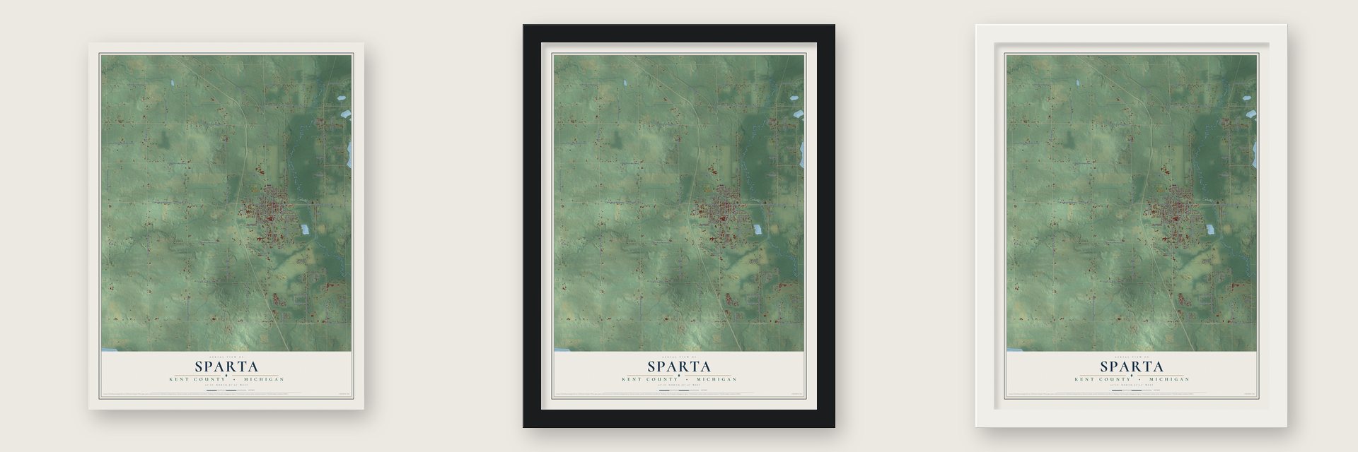 Sparta, Kent County, Michigan map unframed, in a black wood frame and in a white wood frame