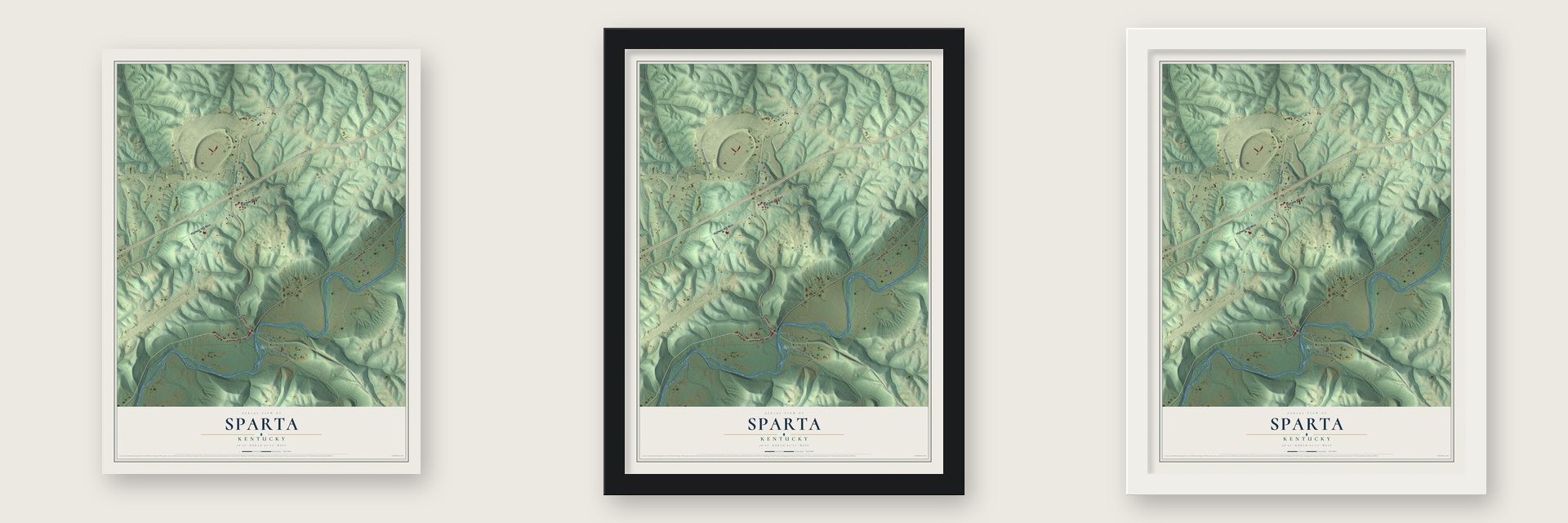 Sparta, Kentucky map unframed, in a black wood frame and in a white wood frame