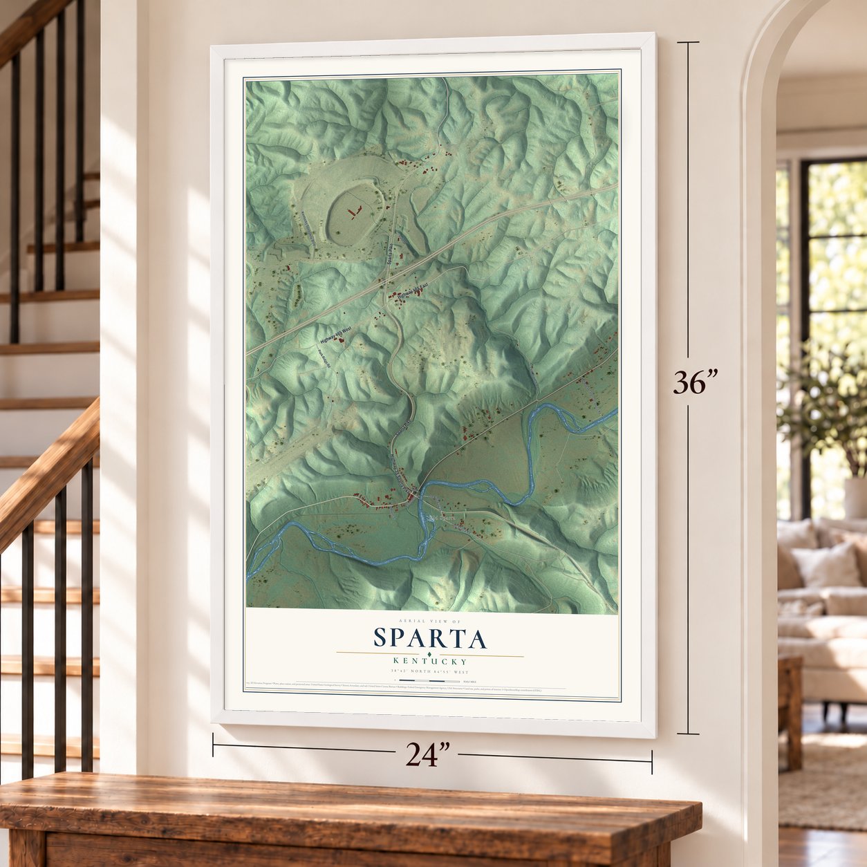 Sparta, Kentucky map, 24 x 36 inch print in a white frame by a staircase