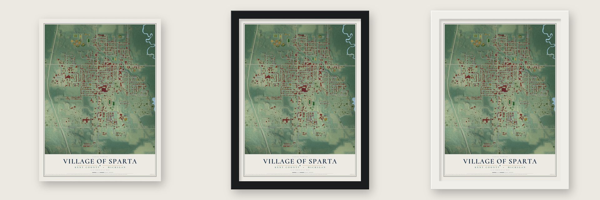 Sparta, Michigan map unframed, in a black wood frame and in a white wood frame